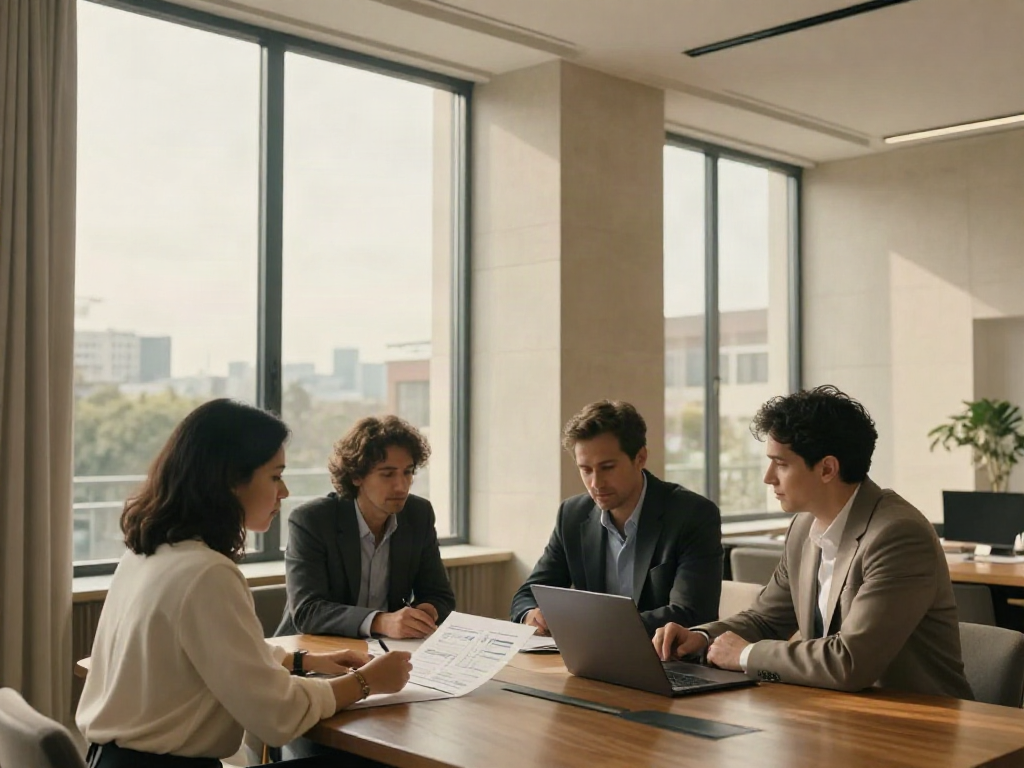 Consultants discussing a business strategy in a warm, sunlit meeting room
